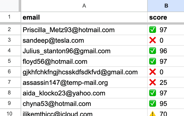 Email list cleanup showing detailed reports on every address's status and deliverability score